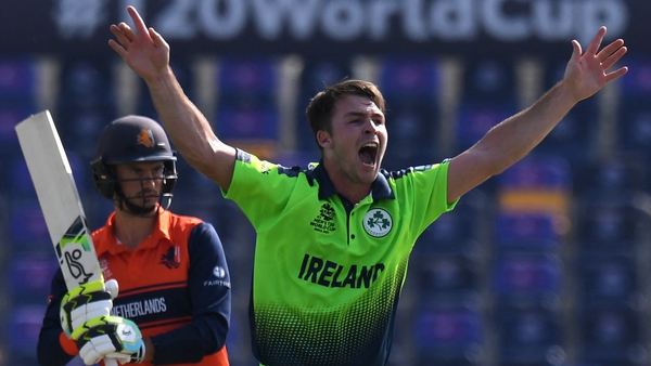 Curtis Campher celebrates after taking the wicket of the Netherland's Scott Edwards