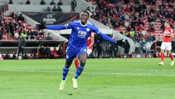 Patson Daka celebrates completing his hat-trick in the 54th minute at Otkritie Bank Arena
