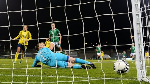 Courtney Brosnan looks on as the ball trickles into the net for Sweden's goal