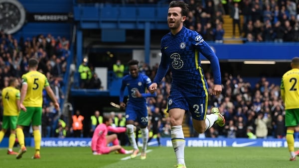 Ben Chilwell of Chelsea celebrates after putting his side four up against Norwich