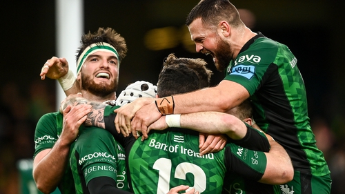 Connacht's players celebrate their second try of the game from Mack Hansen