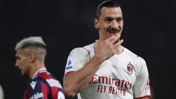 Zlatan Ibrahimovic of AC Milan reacts during the Serie A match between Bologna FC and AC Milan at Stadio Renato Dall'Ara on October 23, 2021 in Bologna, Italy. (Photo by Jonathan Moscrop/Getty Images)