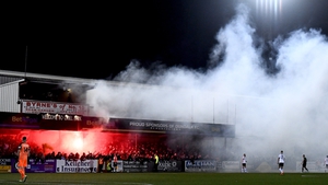 Smoke hangs over Oriel Park during the clash between Dundalk and Shamrock Rovers