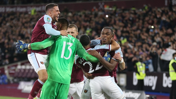 West Ham United's Alphonse Areola, Issa Diop, Tomas Soucek, Pablo Fornals, Vladimir Coufal and Said Benrahma celebrate their win