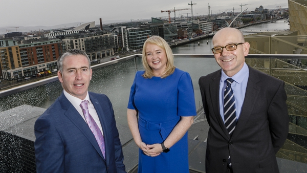 Minister of State for Business, Employment and Retail, Damien English along with June Butler from SBCI and Des McCarthy, CEO of Microfinance Ireland