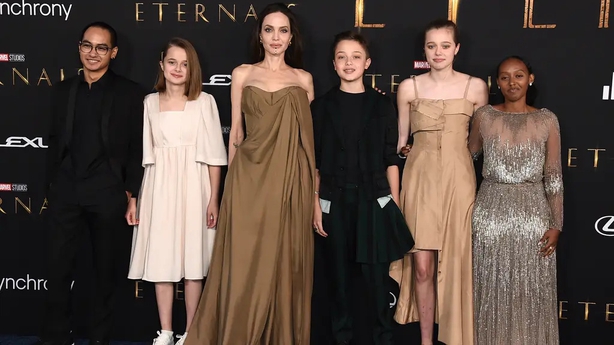 From left, Maddox Jolie-Pitt, Vivienne Jolie-Pitt, Angelina Jolie, Knox Jolie-Pitt, Shiloh Jolie-Pitt, and Zahara Jolie-Pitt (Jordan Strauss/AP)
