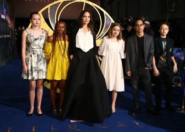 Angelina Jolie, third from left, poses with her children Shiloh Jolie-Pitt, from left, Zahara Jolie-Pitt, Vivienne Jolie-Pitt, Maddox Jolie-Pitt and Knox Jolie-Pitt (Joel C Ryan/AP)
