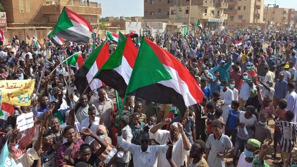 Sudanese anti-coup protesters attend a gathering in the capital Khartoum's twin city of Omdurman