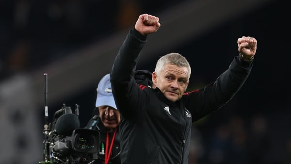 Ole Gunnar Solskjaer salutes to the Man United fans after their victory over Spurs
