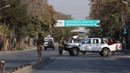 Road blocks are set up after a bomb attack at the largest hospital in Kabul