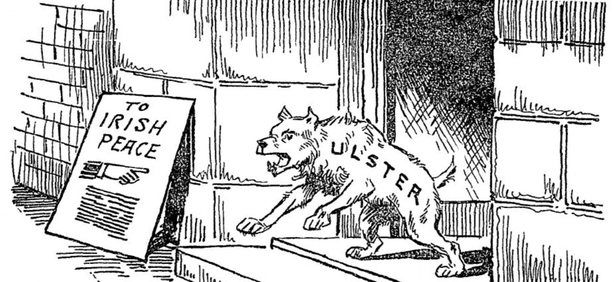 Cartoon depicting Ulster blocking the way to peace Photo: Sunday Independent, 6 November 1921