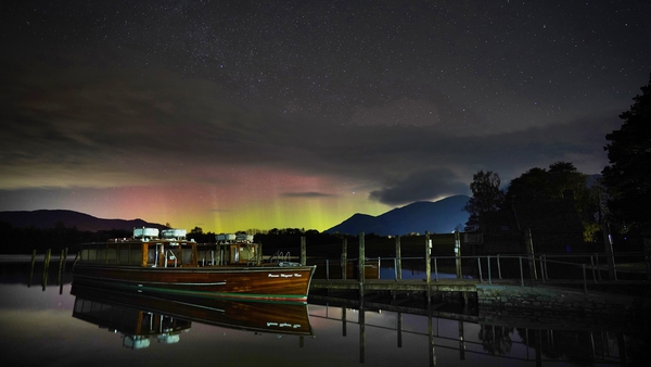 A spectacular display of the Northern Lights seen over Derwentwater, near Keswick in the Lake District