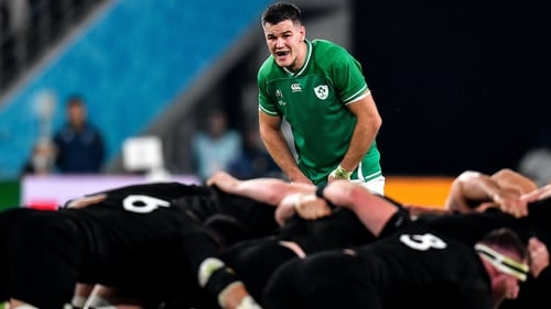 Johnny Sexton watches on at scrum time during the 2019 Rugby World Cup defeat to New Zealand