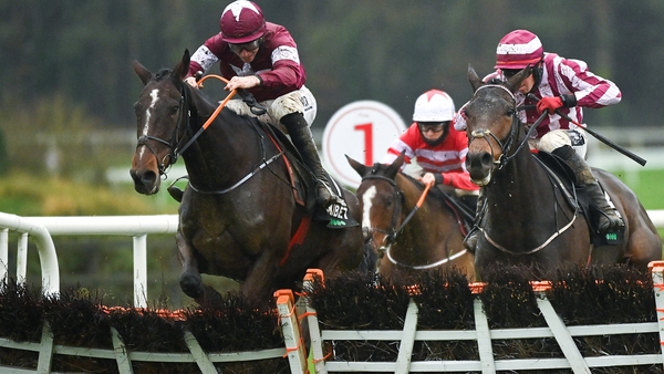 Abacadabras, left, with Jack Kennedy up, jumps the last, to win the 2020 Morgiana Hurdle
