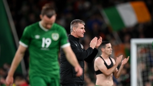 Stephen Kenny applauds supporters after the game