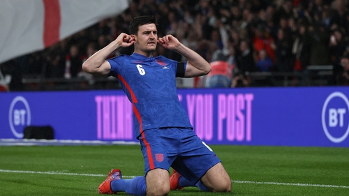 Harry Maguire of England celebrates after scoring their side's first goal against Albania.