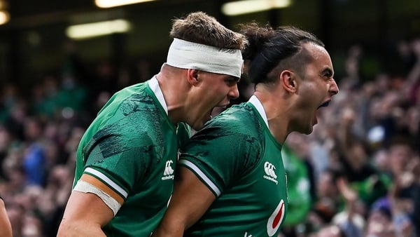 James Lowe celebrates his early try for Ireland