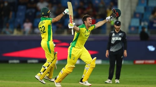 Australia's Mitchell Marsh and Glenn Maxwell celebrating securing the victory