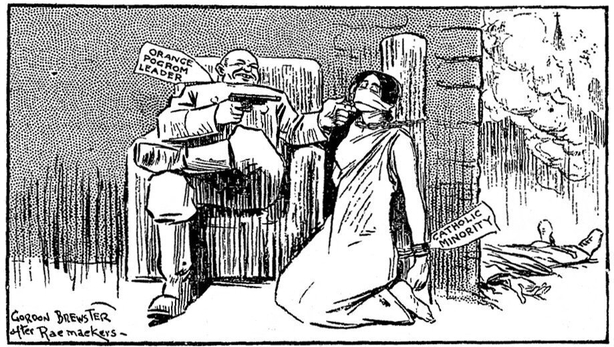Cartoon depicting the violence in Belfast as being primarily directed against the Catholic minority Photo: Sunday Independent, 27 November 1921