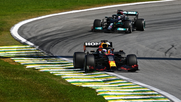 Lewis Hamilton (back) and Max Verstappen spun off the track while Verstappen was trying to hold off his rival