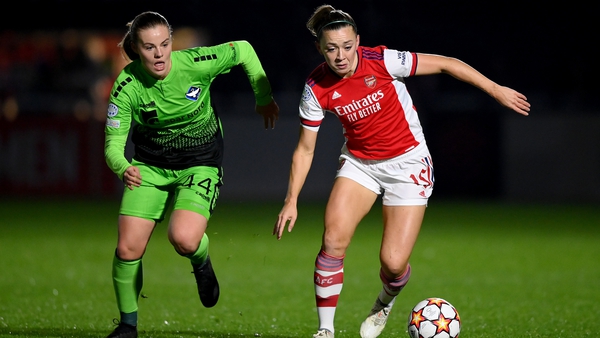 Arsenal's Katie McCabe is challenged by HB Koge's Emma Færge