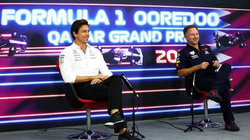 Toto Wolff (L) and Christian Horner at press conference in Qatar today