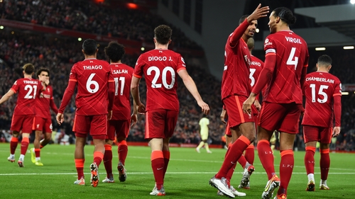 Diogo Jota celebrates Liverpool's decisive second goal at Anfield