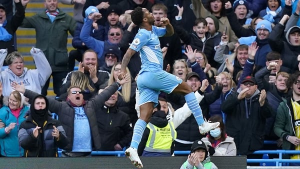 Raheem Sterling celebrates his first league goal since August