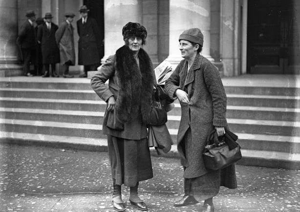 Constance Markievicz and Kathleen Lynn outside UCD in Earlsfort Terrace during the Treaty Debates