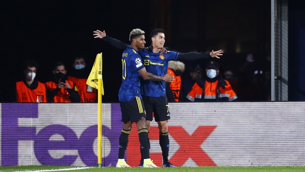 Ronaldo celebrates his goal with Marcus Rashford