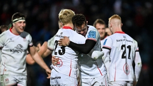 Rob Lyttle and Billy Burns celebrate Ulster's win against Leinster