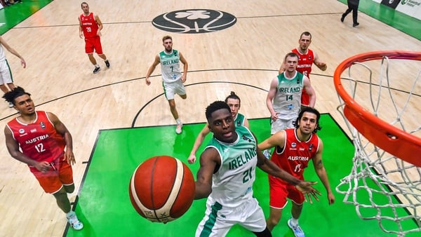 Ireland's Taiwo Badmus scores during the EuroBasket 2025 Pre-Qualifiers match against Austria in November 2021. Photo: Brendan Moran/Sportsfile