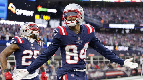 New England Patriots wide receiver Kendrick Bourne (84) celebrates his touchdown