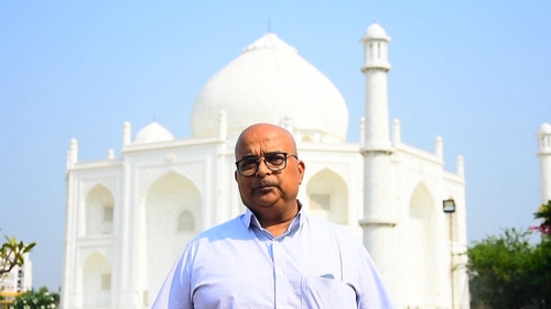 Anand Prakash Chouksey pictured outside the replica Taj Mahal he built for his wife.