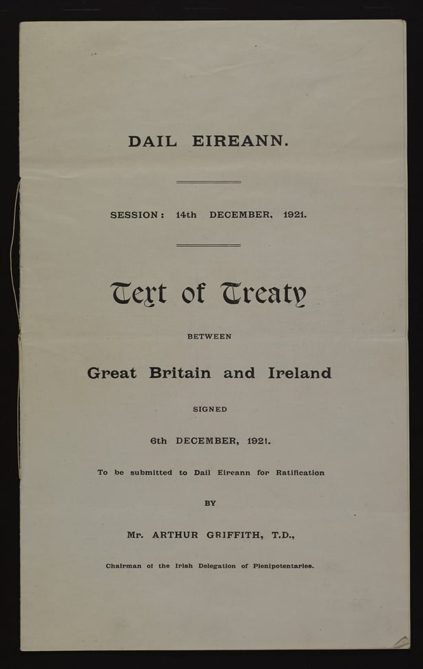 Certificate of the (Anglo-Irish) treaty between Great Britain and Ireland, signed 6th December 1921, to be submitted to Dáil Éireann for ratification by Arthur Griffith