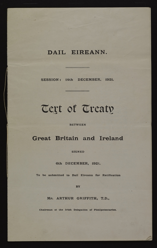 Certificate of the (Anglo-Irish) treaty between Great Britain and Ireland, signed 6th December 1921, to be submitted to Dáil Éireann for ratification by Arthur Griffith