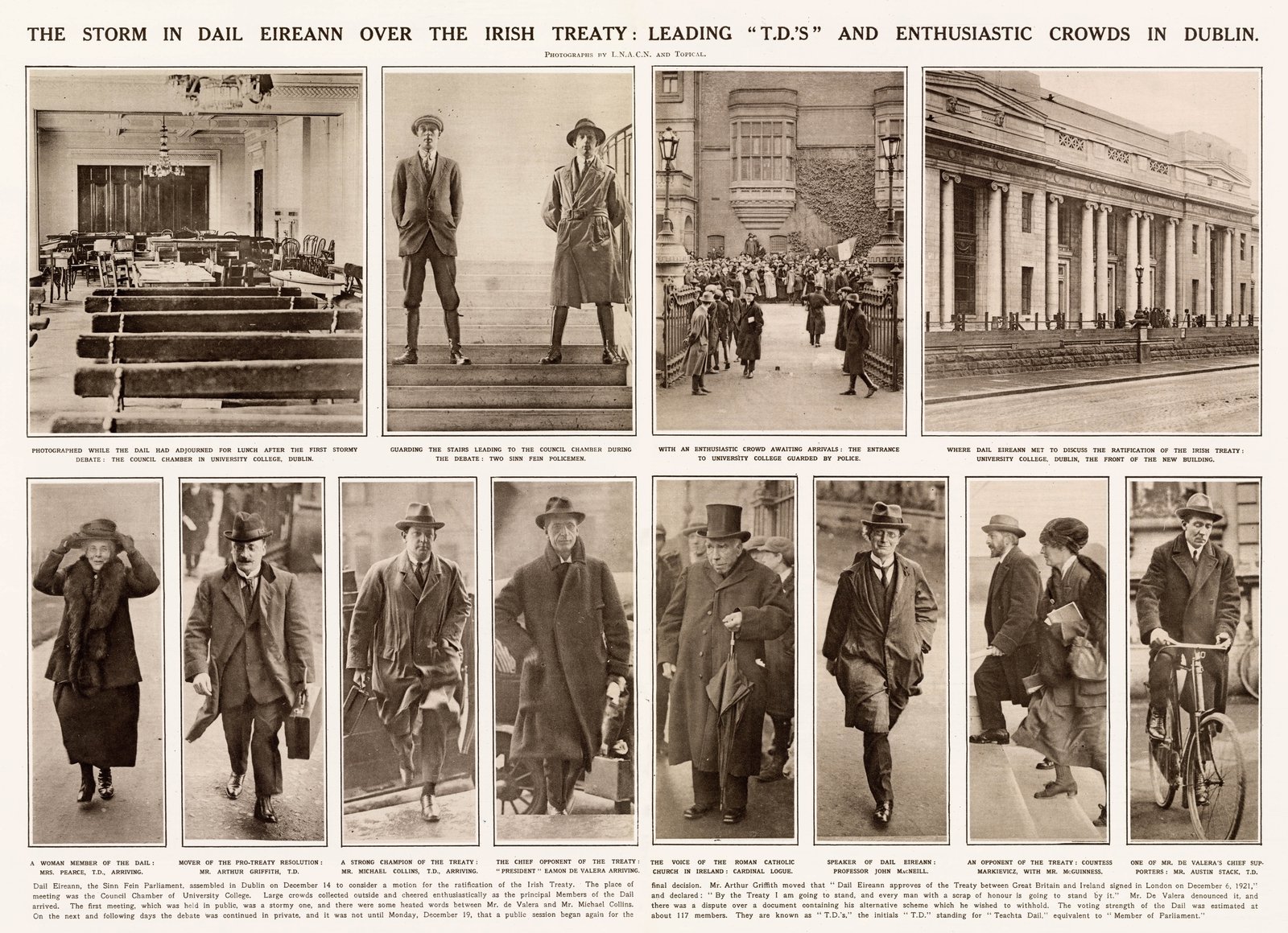 Image - The British media kept a close eye on the debate. This illustrated London News montage of photos from outside and inside the chamber, includes a very rare sight of the Republican Police, who provided security during the debates. Credit: Mary Evans Library