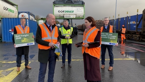 Glenn Carr General Manager, Rail Freight Ireland and Minister of State Hildegarde Naughton at rail freight yard in Ballina
