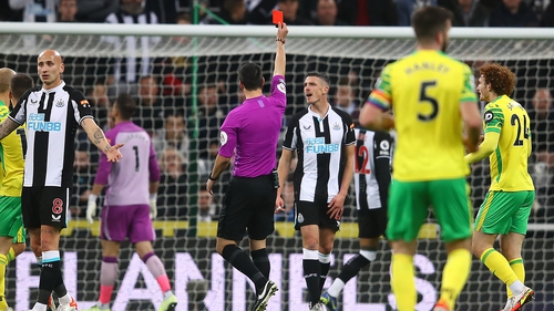 Ciaran Clark is given his marching orders against Norwich City