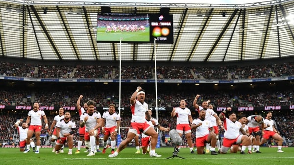 Tonga's players perform the Sipi Tau prior to their defeat to England at Twickenham last month