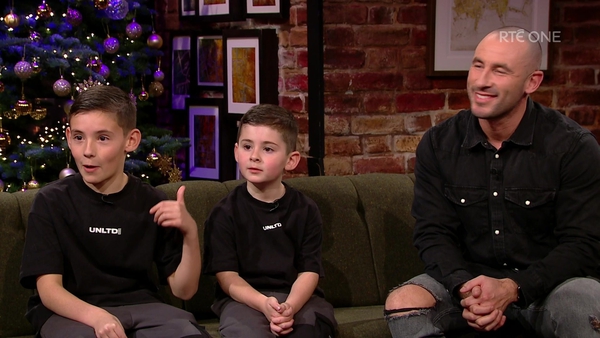 DJ Calum and Hype Man Jackson with their dad Dave on The Late Late Show