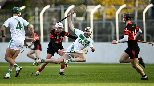 Joe Cuddihy of Shamrocks Ballyhale in action against Kevin McDonald of Mount Leinster Rangers