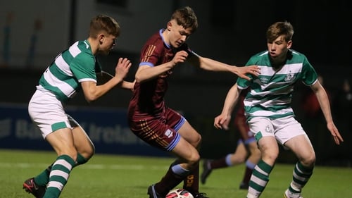 Donnacha Sammon of Galway United in action against Hugo Gwiazdowski and James Roche of Shamrock Rovers during the EA SPORTS National League of Ireland U14 League Final match last month