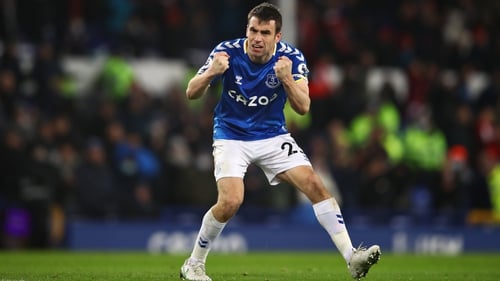 Seamus Coleman celebrates at full-time after Everton secured a late winner at home to Arsenal
