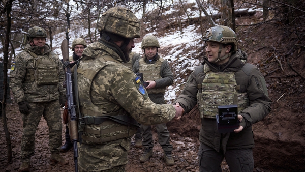 Ukrainian President Volodymyr Zelensky visiting positions on the frontline with pro-Russian militants in the Donetsk region of Ukraine in December 2021