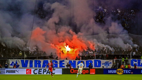 Fans during the fiery Ligue 1 match between Marseille and Lyon