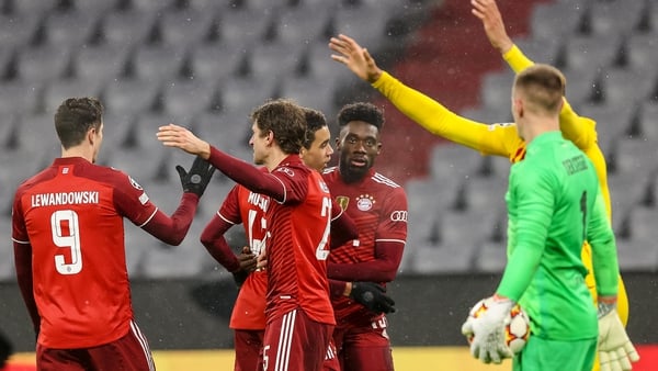 Jamal Musiala celebrates with Munich team-mates to make it 3-0