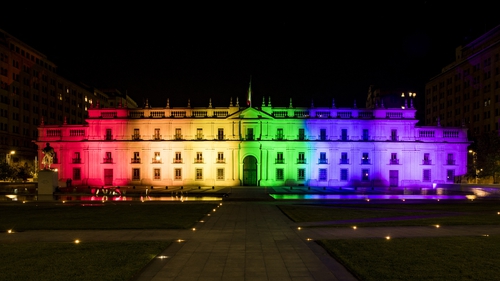 La Moneda presidential palace illuminated after the passing of a bill to legalise same-sex marriage in Chile this week