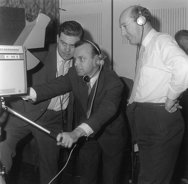 Producer/director Louis Lentin (first right) with cameraman Michael (Mike) Slevin (centre) and lighting director Randall Miles,