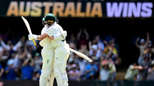 Marcus Harris and Marnus Labuschagne celebrate Australia's win